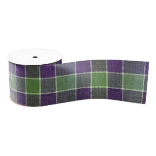 Green and Purple Plaid Wool Fabric Texture Grosgrain Ribbon