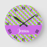 Green and purple polka dots pattern round clock