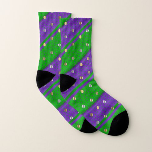 Green and Purple Stripes Silver and Gold Dots Socks