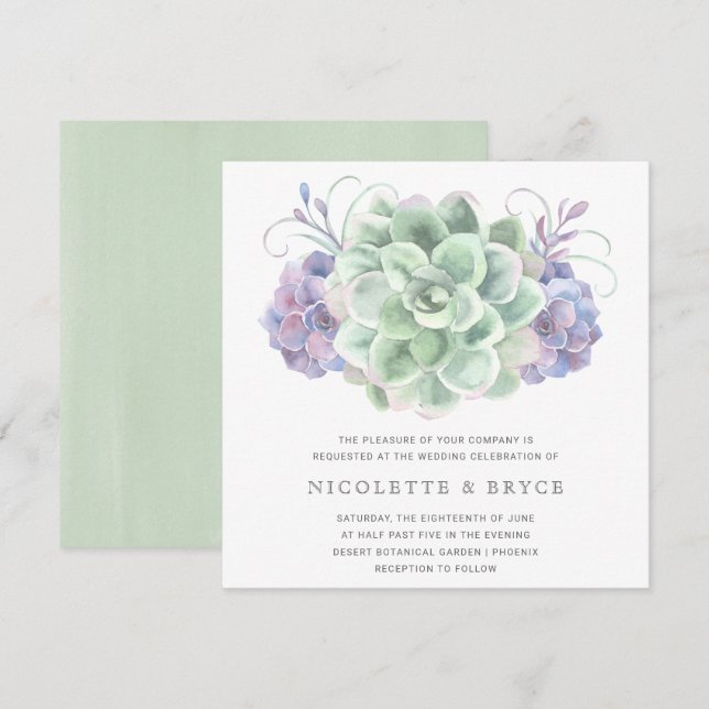 Green and Purple Succulent Bouquet Square Wedding Invitation (Front/Back)