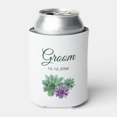 Green and Purple Succulent Groom Wedding Can Cooler