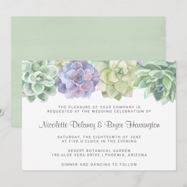 Green and Purple Succulent Horizontal Wedding Invitation (Front/Back)