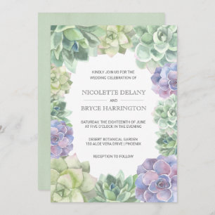 Green and Purple Succulents Border Wedding Invitation