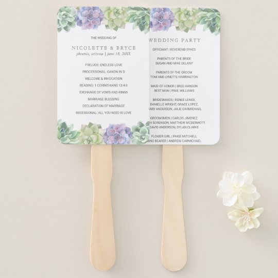 Green And Purple Succulents Wedding Program Hand Fan Zazzle Com