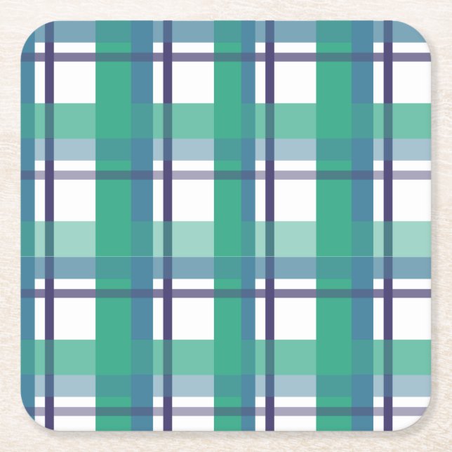 Green And Purple Tartan Pattern Square Paper Coaster (Front)