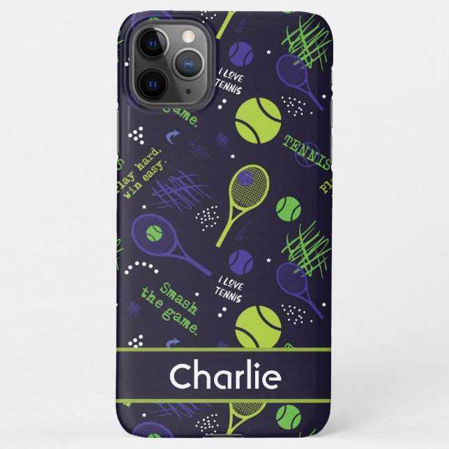 💚Green and 💜purple tennis pattern  - custom name iPhone Case (Back)