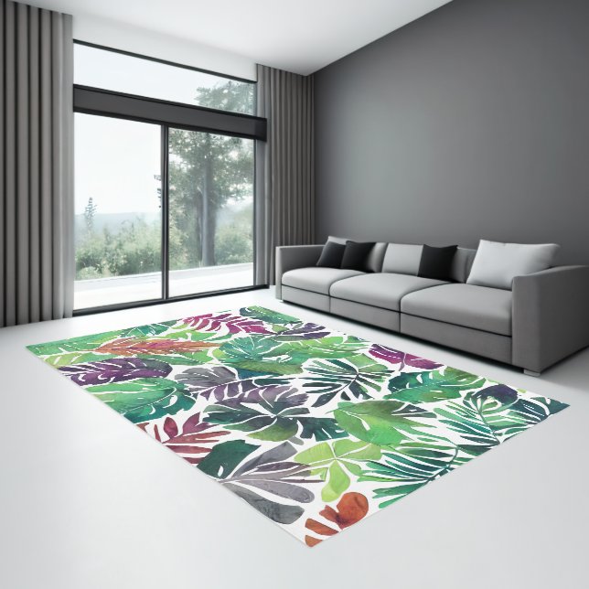 Green and purple tropical Palm Leaves Pattern Rug (Insitu (Indoor 3))