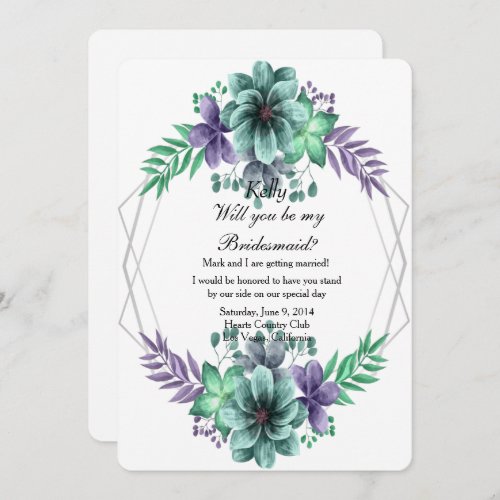 Green And Purple Watercolor Floral Bridesmaid Invitation