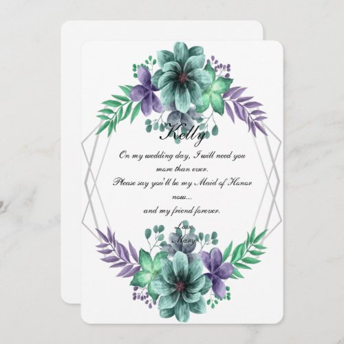 Green And Purple Watercolor Floral Maid Of Honor Invitation