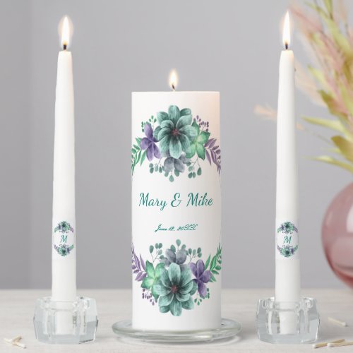 Green And Purple Watercolor Floral Wedding Unity Candle Set