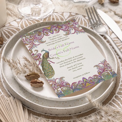Green and Raspberry Damask Wedding Invitation