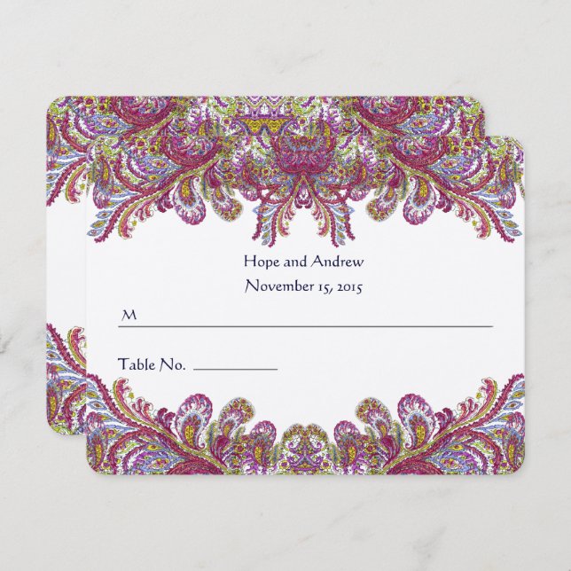 Green and Raspberry Damask Wedding Place Card (Front/Back)