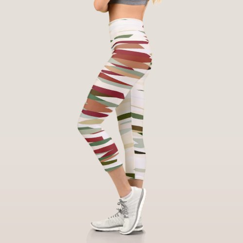 green and red Abstract Stripes Capri Leggings