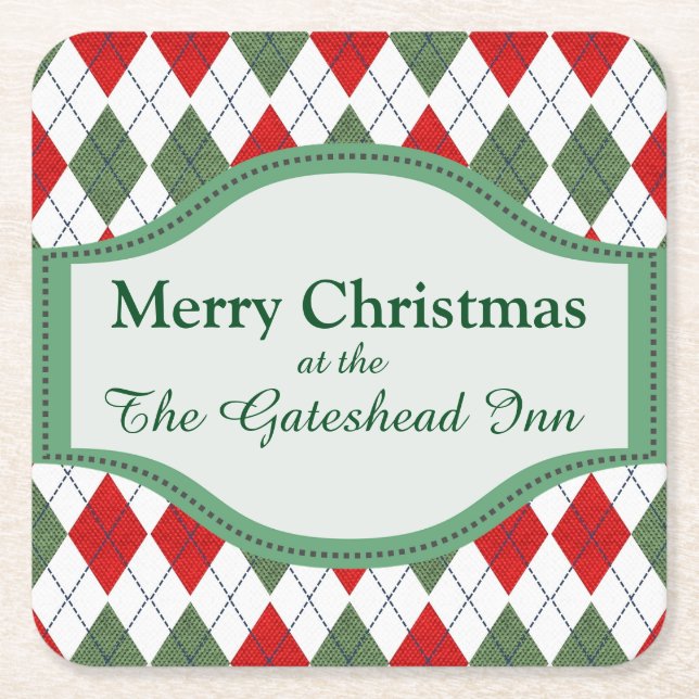 Green and Red Argyle Christmas Personalised Square Paper Coaster (Front)