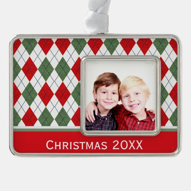 Green and Red Argyle Custom Photo Christmas Ornament (Front)