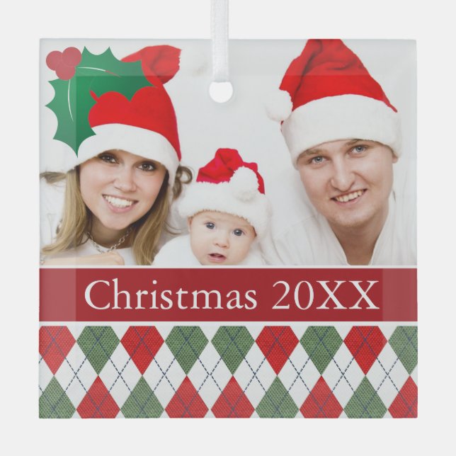 Green and Red Argyle Custom Photo Glass Ornament (Front)