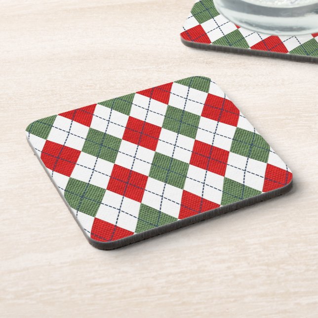 Green and Red Argyle Pattern Beverage Coaster (Left Side)