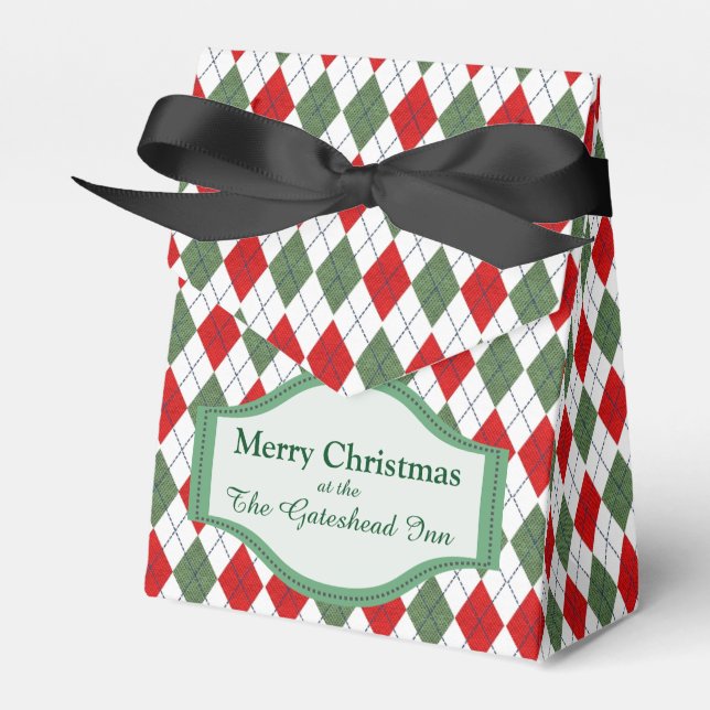 Green and Red Argyle Pattern Personalised Favor Boxes (Front Side)