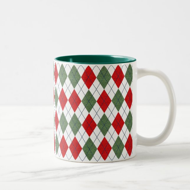 Green and Red Argyle Pattern Two-Tone Coffee Mug (Right)