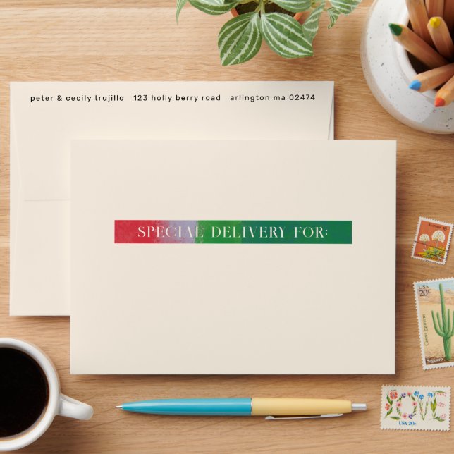 Green and Red Artfully Painted Modern Holiday Envelope (Desk)