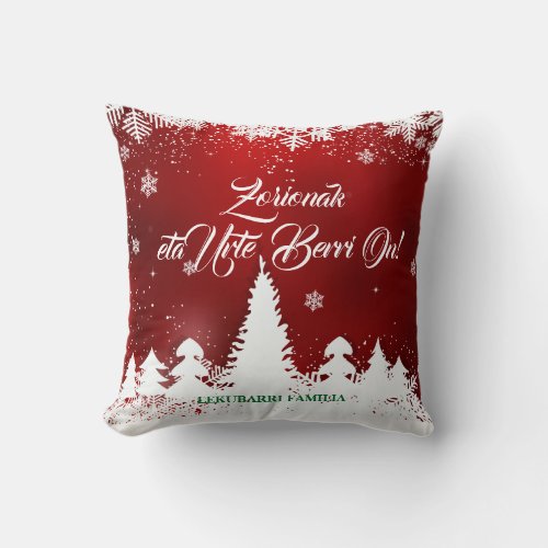 Green and red Basque Navidad Christmas greeting Throw Pillow