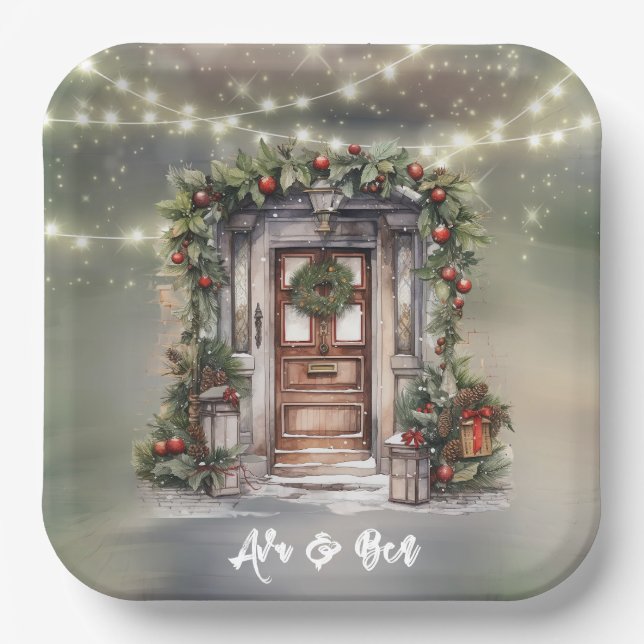 Green and Red Berry Decorated Door Light Christmas Paper Plates (Front)