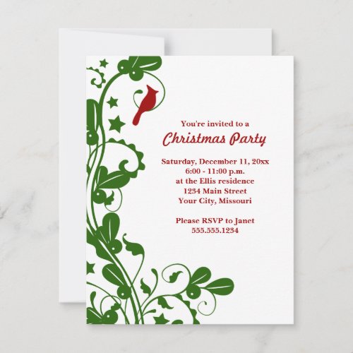 Green and Red Cardinal Christmas Party Invitations