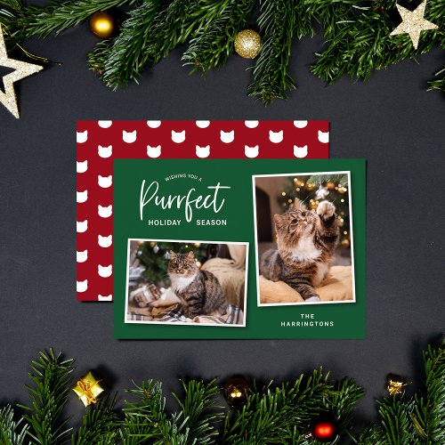 Green and Red Cat Face Purrfect Holiday Photo Card