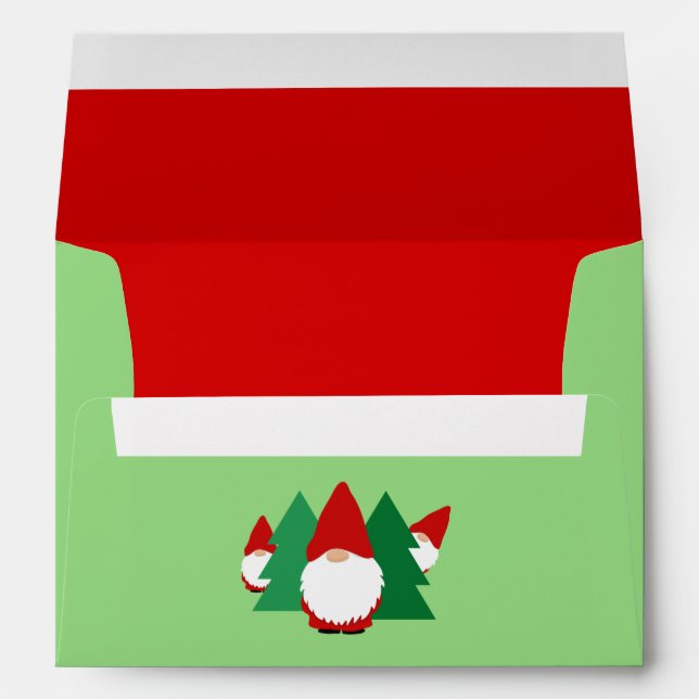 Green and red Christmas envelope with funny gnomes (Back (Bottom))