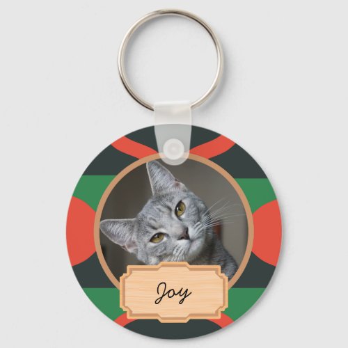 green and red christmas holiday Custom cat Photo   Keychain