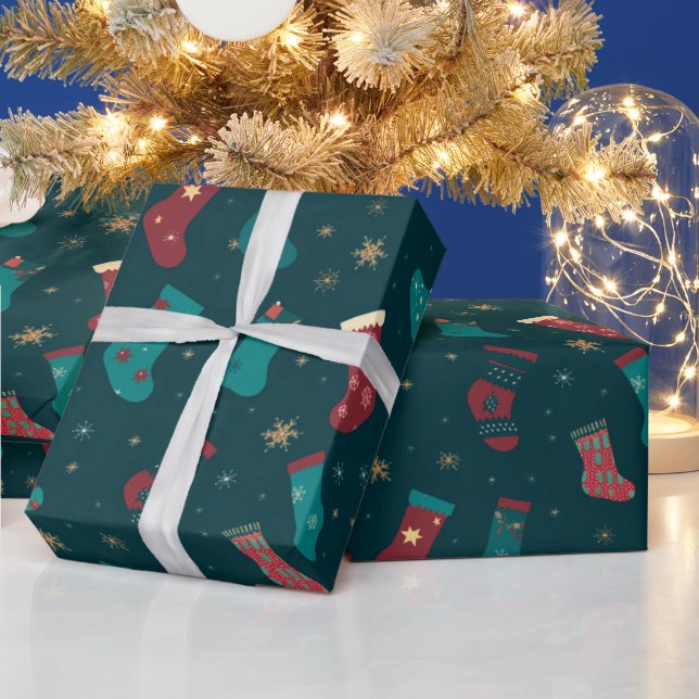 Green and Red Christmas Stockings Green Christmas Wrapping Paper (Holidays)