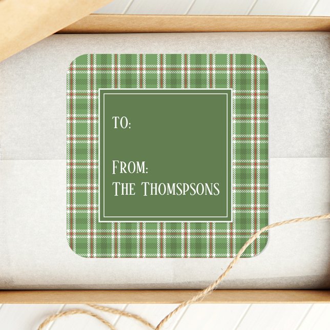 Green and Red Christmas To and From Plaid Square Sticker (Christmas holiday square sticker with green and red plaid pattern. )