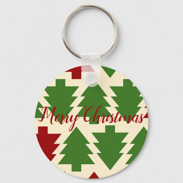 Green and Red Christmas Tree Beverage Keychain (Front)