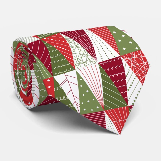 Green and Red Christmas Trees Neck Tie (Rolled)