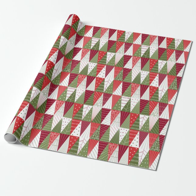 Green and Red Christmas Trees Wrapping Paper (Unrolled)
