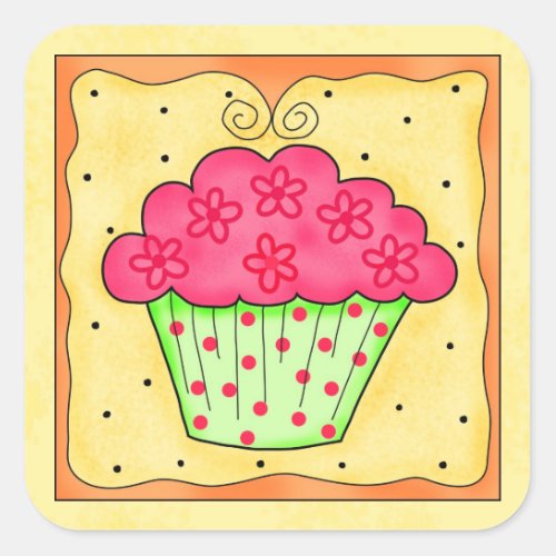 Green and Red Cupcake Yellow Sticker