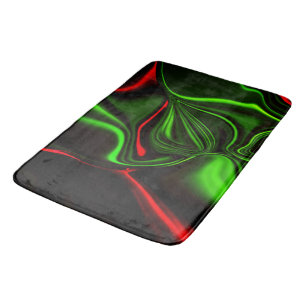 Green and red curved strokes over dark green fund bath mat