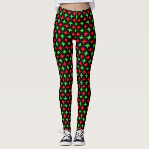 Green and red diamond star pattern on black leggings