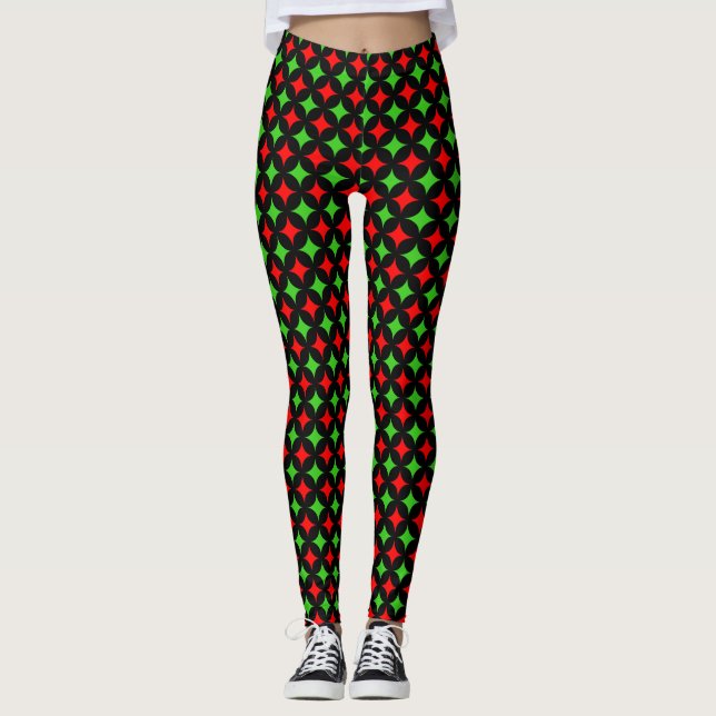 Green and red diamond star pattern on black leggings (Front)