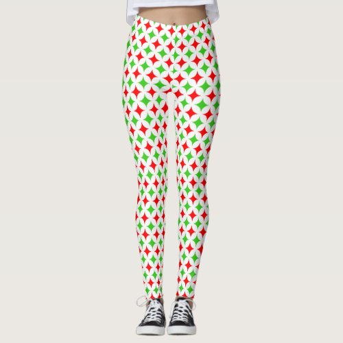 Green and red diamond star pattern on white leggings