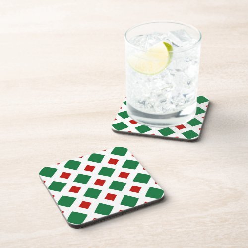 Green and Red Diamonds on White Drink Coaster