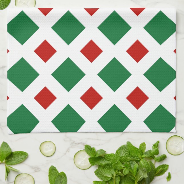 Green and Red Diamonds on White Kitchen Towel (Folded)