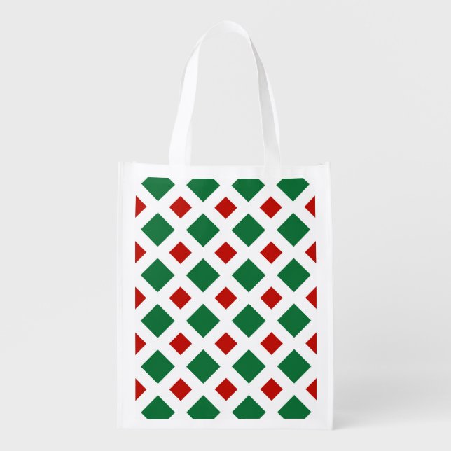 Green and Red Diamonds on White Reusable Grocery Bag (Front)