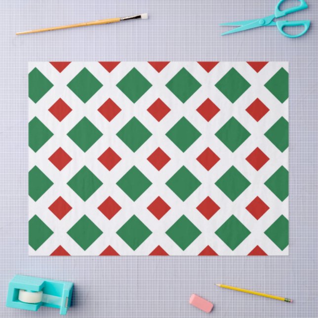 Green and Red Diamonds on White Tissue Paper (Craft)