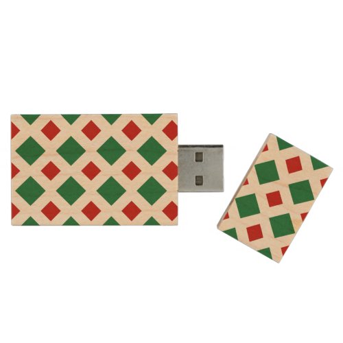 Green and Red Diamonds on White Wood USB Flash Drive