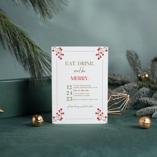 Green and Red Festive Berry Christmas Party Invite (Creator Uploaded)