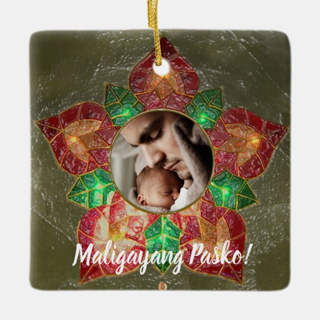 Green and Red Filipino Parol Style, Philippines Ceramic Ornament (Front)