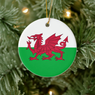 Green and Red Flag of Wales with Dragon Ceramic Ornament