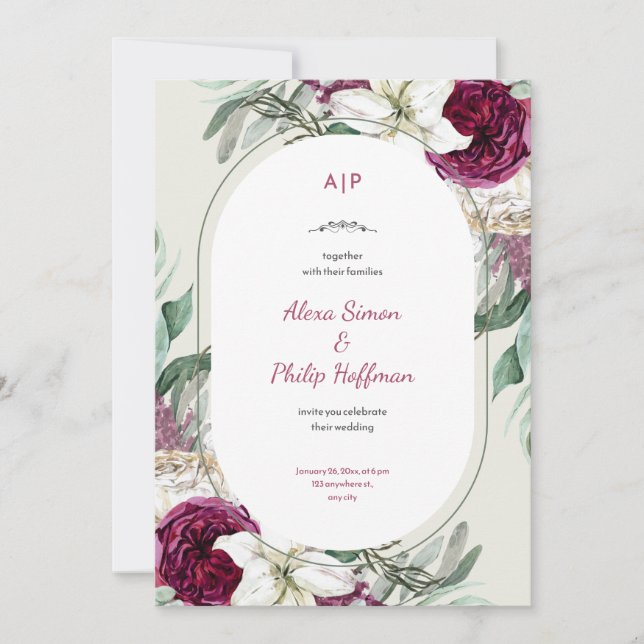 Green And Red Floral Watercolor Wedding Invitation (Front)