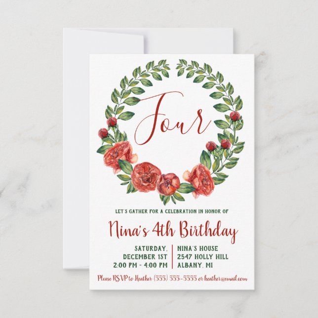 Green and Red Floral Wreath Birthday Invitation (Front)